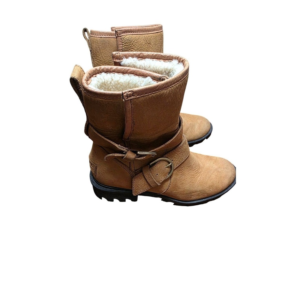 Sorel Phoenix Moto Brown Leather Mid-Calf Boots Shearling Lining Women's Size‎ 6